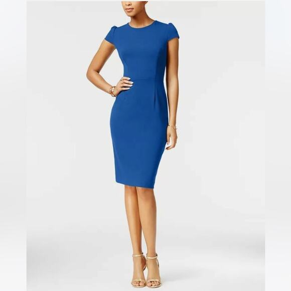 BETSEY JOHNSON Blue Cap Puff-Sleeve Scuba Crepe Sheath Dress Size 0 - Picture 1 of 8